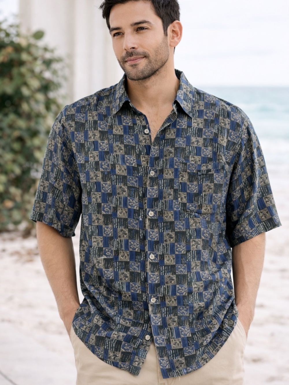 Porcini Silk 100% Silk Button Up Shirt Blue Green Geometric Print Men’s L